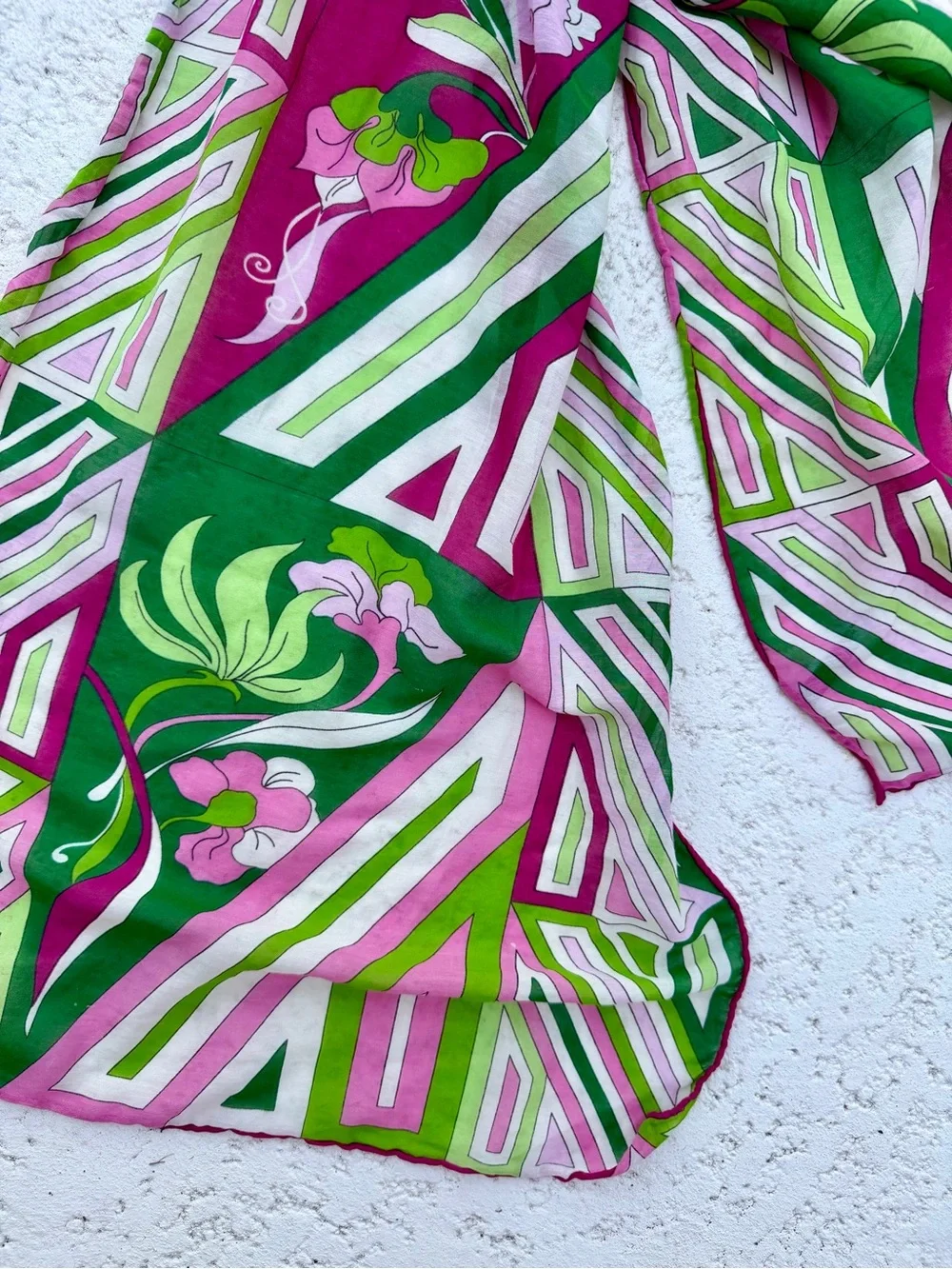 Talbots Cotton Silk Scarf Pink Green Geometric Floral Lightweight Wrap